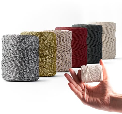 LEDENT Hilo de macramé (1 mm, 6 x 65 m, colores festivos) – Cuerda muy fina de doble trenzado de algodón 100% reciclado – Juego de 6 rollos pequeños para detalles finos de macramé y diversión para