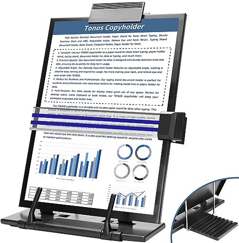 TONOS Paper Stand Document Holder - Quality Document Holder for Desk, Paper Stands for Desk When Typing, Sturdy Stainless Steel Copy Holder, Adjustable Angle, Papers Holder Stand for Desk Typing