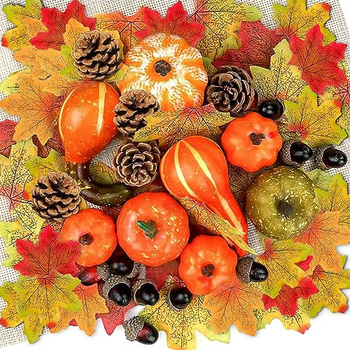 ENAIAH 96 Stück Künstliche Kürbisse Set, Mini Künstliche Kürbisse Thanksgiving Dekoration Set Eicheln,Tannenzapfen,Ahornblätter, Für Herbst Thanksgiving Halloween Home Draussen Party Dekoration (96)