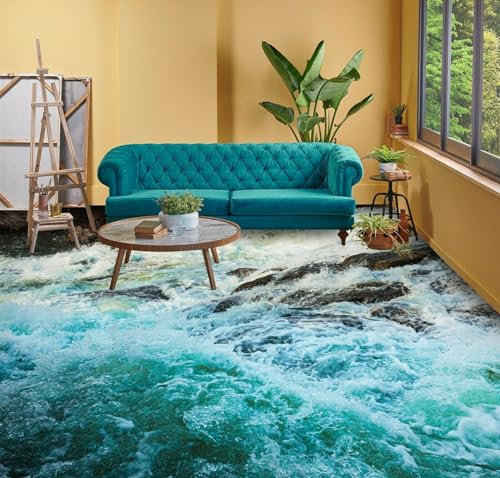 Selbstklebende Bodentapete 3D-Bodentapeten mit grünen Meereswellen, 250 x 175 cm Bodenfliesen Aufkleber Wohnzimmer Studie Bodenbelag Tapete, Epoxidharz