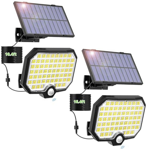 MinPea Solarlampen für Außen mit Bewegungsmelder, 2 Stück 252 LED Solar Strahler Super Helle 3 Modi Solarleuchten Aussen IP65 Wasserdichte Solar Wandleuchte mit 5M Kabel für Garten Garage