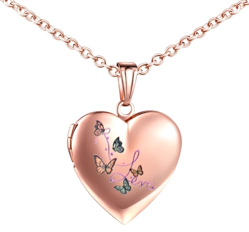 INFINIONLY Damen Mädchen Herz Medaillons Halskette Mode Edelstahl Ketten mit Bunter Schmetterling Souvenir Anhänger Personalisierte Foto Kette, Rosegold