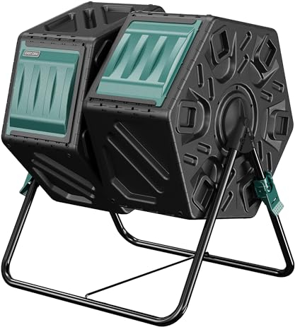 EAST OAK Compost Tumbler da esterno a doppia camera, 2 bidoni per compostaggio da 45 litri, compostiera rotante con sistema di aerazione e bloccaggio per giardino, cucina, cortile