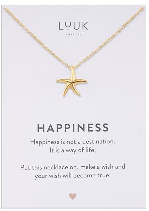 LUUK LIFESTYLE Halsketten mit Anhänger und Happiness Spruchkarte | aus wasserfestem Edelstahl, filigranes Design, moderner Damenschmuck, Geschenkidee, Silber, Gold, Rosé