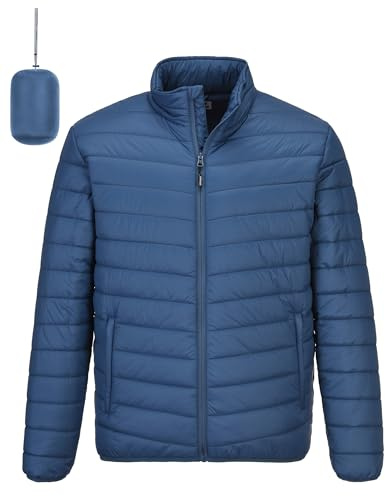 Outdoor Ventures herr quiltad jacka packbar lätt varm övergångsjacka herr vattentät pufferjacka med 3 fickor för utomhus casual vandring, Marinblå, 3XL