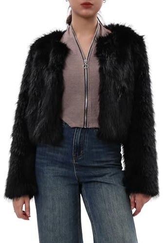 Amazhiyu Womens Faux Fur Coat with Pocket, Plush Winter Open Front Jacket with Pockets Black L