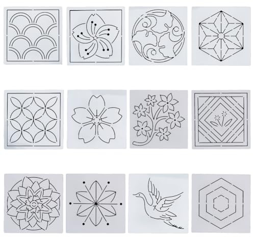 FREEBLOSS 12pcs Große Stickschablonen Aus Acryl Sashiko Schablone Blumen Stickmuster Schablonen Zum Zeichnen Sashiko Vorlage Für Handquilten Und Sticken 14x14cm