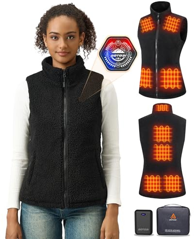 GOTOBI Gilet Riscaldato Donna In Pile Con Power Bank Da 16000 Mah, 7,4 V, 9 Zone Di Riscaldamento, Gilet In Pile Riscaldato Con 3 Temperature Regolabili, Per Ciclismo, Lavoro All'Aperto,Nero,S