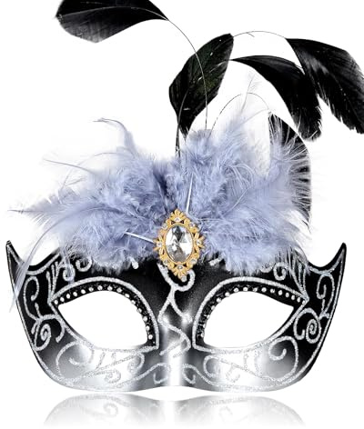 MYSEUNI 2025 Maskerade Maske für Frauen mit Federn - Venezianische Maskerade Maske für Karneval Ball Karneval Abschlussball