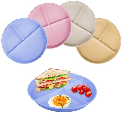Rongxze 4 Stück Kinderteller mit Unterteilung, Kinder Teller Set mit Unterteilung 3 Fächern, Teller mit Unterteilung, Split Speiseteller aus Prämie PP (Beige, Rosa, Blau, Gelb)