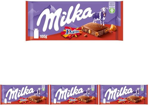 Milka & Daim 1 x 100g I Alpenmilch-Schokolade I mit Mandel-Karamell-Stückchen I Milka Schokolade aus 100% Alpenmilch I Tafelschokolade mit Daim (Packung mit 4)
