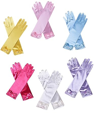 TINEASUR Moufles Longs en Satin pour Fille Nœud, Habillés de Fête pour Garçon et Filles, Accessoires Élégants de Demoiselle D'honneur, 6 Paires, Taille Unique, pour Banquet Plusieurs styles