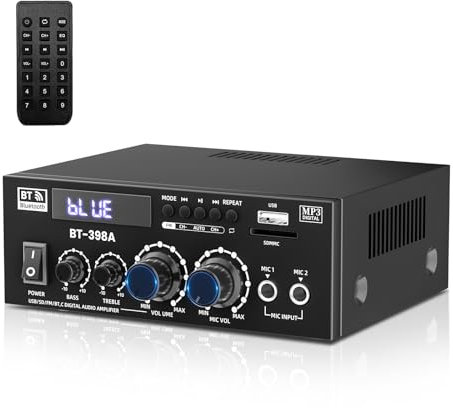 HiFi Amplificador Audio,1000W Amplificador Estéreo Bluetooth 5.3,12V 220V 2 Canales,Alta fidelidad, para Dos 60W x2 Altavoces de Unas 10 Pulgadas,Radio FM Portátil, SD Card/USB Input (398A)