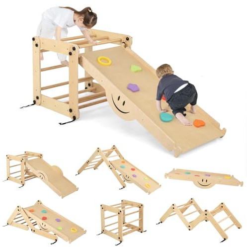 GYMAX Set di 2 Pezzi da Arrampicata Giochi, Arrampicata in Legno Montessori con Arrampicatore Fai-da-te, Scivolo & Altalena Reversibile per Bambini dai 3 anni (Naturale)
