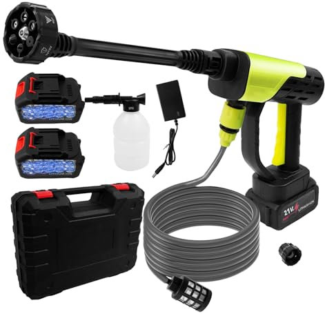 Nettoyeur haute pression sans fil 21 V avec 2 batteries de 3000 mAh, pistolet de nettoyeur haute pression portable, buse multifonction 6 en 1, tuyau de 5 m, pour voiture, terrasse, jardin, clôture