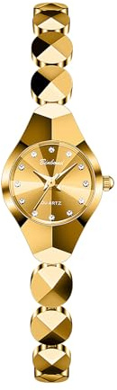 JewelryWe Damklocka, liten, rostfritt stål, klocka: 30 m, vattentät, analog kvartsur, damer, guld, smalt rostfritt stål, armband, lyx, ultratunn klocka med fasetterad glas och diamantskala, urtavla,