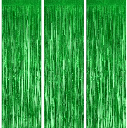 OFFCUP Cortina de Oropel, 3PCS Cortinas Metálicas Foil Fringe Cortinas Fiesta, 1m x 2m Flecos Cortina de Borla, para Decoración Pared Boda Cumpleaños Halloween Fiestas Navidad-Verde