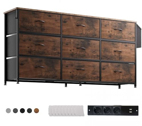 PURFINO Fabric Chest of Drawers - Large TV Stand for 43-65 Inch TVs with 9 Drawers, Label Cards, Side Pocket & Hook, Odor Free Storage Unit for Living Room, Hallway, Bedroom