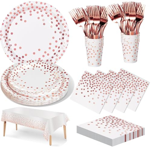 Nkaiso 141 Pcs Rose Or Assiette Anniversaire -20 invités | Vaisselle Party Inclut Assiette Carton, Gobelets, Serviettes, Couverts pour Mariage, Anniversaire, Cérémonie