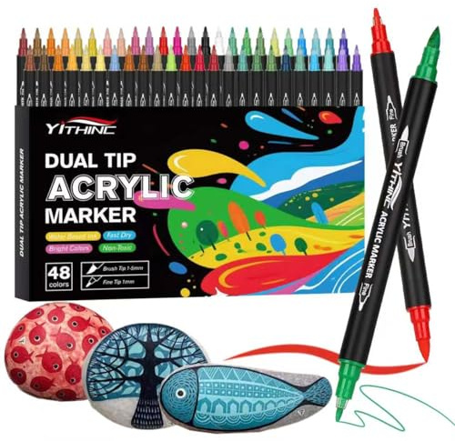 YITHINC Pennarelli acrilici a doppia punta, 48 colori 1-5 mm Pennarelli acrilici permanenti a doppia punta per pietra, vetro, tela, metallo, legno, porcellana, ceramica, metallo, plastica