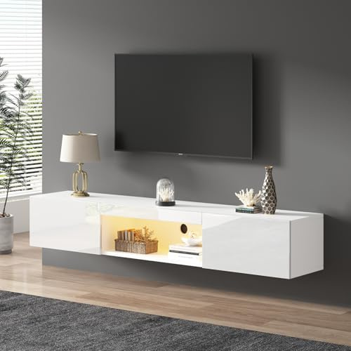 Armario de TV brillante con LED, mesa de TV con puertas y compartimento abierto, diseño sin asas, bancos de TV para televisores de 65 pulgadas, armario para salón, dormitorio, blanco, 160 x 31 x 22 cm