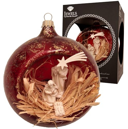 Krebs Glas Lauscha - Weihnachtsdekoration/Christbaumschmuck aus Glas - Weihnachtsbaumkugel Reflex - Motiv: Krippenszene Rot - Glitzernd Verziert mit Strasssteinen - Größe: ca. 10 cm