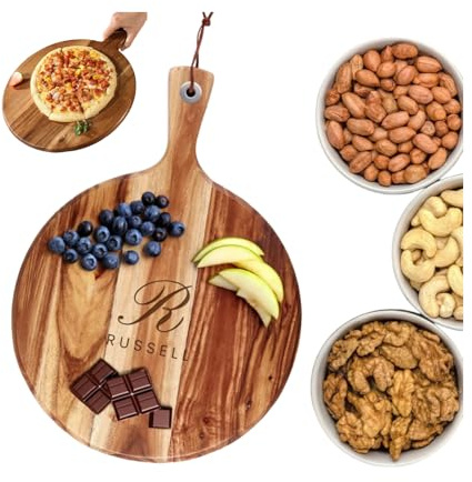 Personalized Carved Wooden Pizza Board with Handle, Custom Text Round Cutting Board, 40 * 30cm Charcuterie Serving Tray, DIY Customised Chopping Board Birthday Christmas Gifts