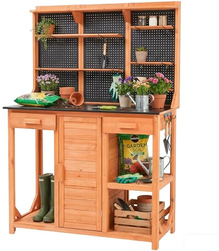 Agitron Armoire de jardin en bois résistante aux intempéries pour l'extérieur avec panneau perforé, tiroirs et espace de rangement, table de plantation résistante aux intempéries pour la cuisine