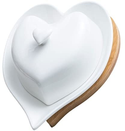 TOYANDONA Beurrier Céramique Blanc avec Couvercle et Plateau Forme de Cœur Pot à Sucre et Lait pour Rangement Du Beurre Sucrier Portable avec Poignée en Bois Plateau Dessert Élégant pour