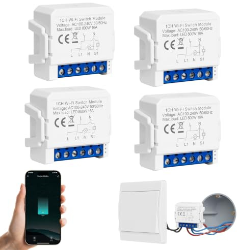 4PC Interruptor Inteligente WIFI, Interruptor WIFI, Interruptors Inteligentes Alexa, Interruptors de Luz Inteligente con Smart Life y Tuya, Mini Smart Switch Wi-Fi Compatible con Alexa y Google Home