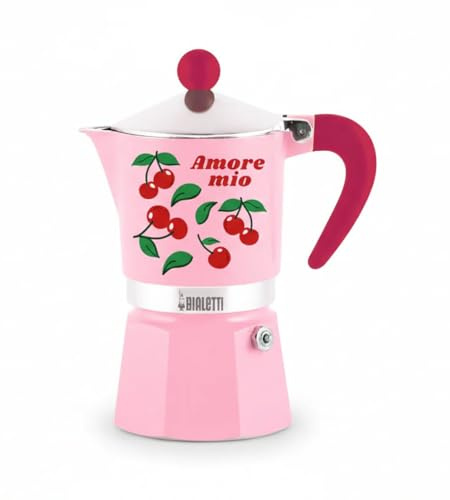 Bialetti Cafetera Moka Amore Mio Rainbow de 3 tazas, Roja con Cerezas, Aluminio, 130 ml, Preparación Manual de Espresso