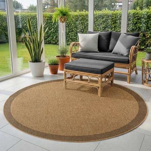 SIMPEX Alfombra Exterior Redonda 200 cm Resistente a la Intemperie Fácil Cuidado Aspecto Yute Natural Diseño con Borde para Jardín Terraza Salón Comedor