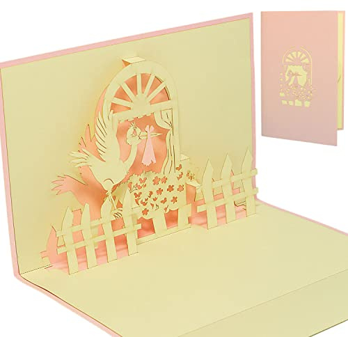 LINPopUp®, LIN17062, POP-UP-3D Karte Glückwunschkarte Baby Neugeboren Geburtskarte Klapperstorch Mädchen, N100