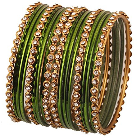 Touchstone Bunte Armband-Kollektion indische Bollywood-Legierung Metall und Strukturierter Henna Grün Designer-Schmuck-Armband-Armbänder. Set von 18 Antique Goldton für Frauen.