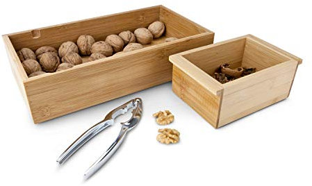 ROMINOX Geschenkartikel Nussknacker-Set // Nux – Edelstahl Nussknacker mit 2 Holzschalen, integrierte Auflagefläche, Nuss Reservoir & separater Behälter für die Schalen; Maße: ca. 30 x 16.3 x 7.5 cm