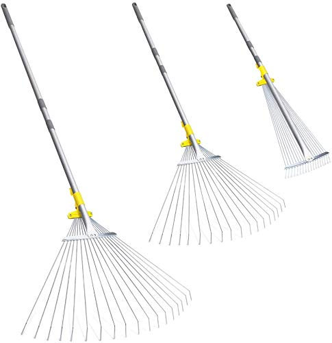 JARDINEER Garten-Laubrechen Teleskop, Fächerbesen mit 18 Zinken, Verstellbarer Metallrechen geeignet für Laub, Hof, Sträucher und Blumenbeete