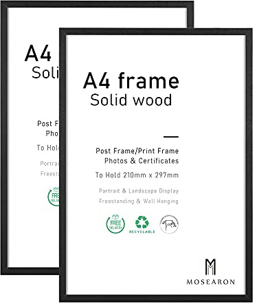 A4 Wood Photo Frame,2 Pack-21x30cm Black Wood Picture Frame,Certificate Frame for Wall Mount or Table Top Display,Set of 2