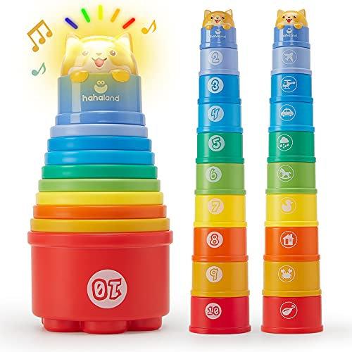 Hahaland Rainbow Stacking Cups 10 Pcs for 1 Year Old Girls Boys With Lights Sounds - Number Nesting Cups Educational Bath Baby Toys 12 18 Months 2 Year Old