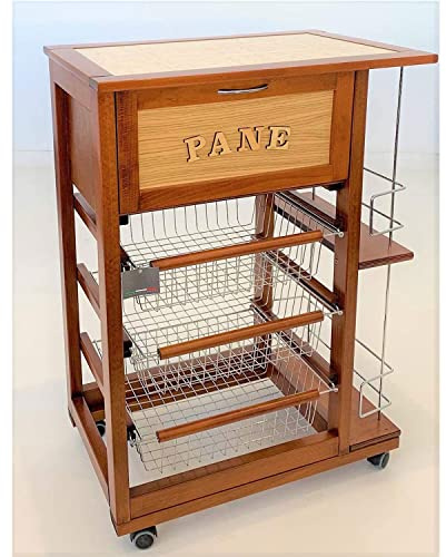 Marvin Carrello Cucina Salvaspazio in Legno di Faggio con Cassetto E Cesti Contenitori Portabottiglie Vino 4 Ruote Girevoli Portapane Portafrutta Portavivande Ripiano Lavoro con Piastrelle (Ciliegio)