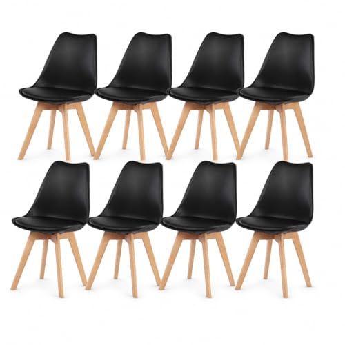 EGGREE Pack de 8 Sillas de Comedor Sillas Cocina Nordica con Asiento Tapizado y Las piernas de Madera de Haya Maciza, Negro