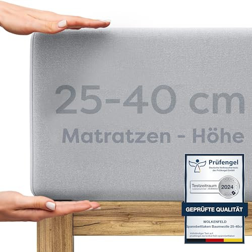 Wolkenfeld Spannbettlaken 180x200cm – 200x220cm – Premium Jersey Baumwolle mit 5% Lycra – Faltenfreies Bettlaken für hohe Matratzen bis 40 cm – Atmungsaktiv & Oeko-TEX Zertifiziert – Hellgrau