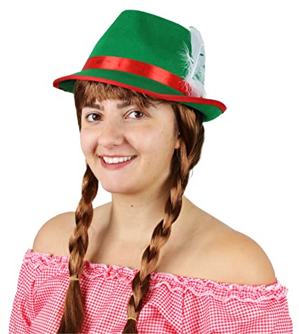 Ladies Oktoberfest Bavarian Wig and Hat Set - Green & Red Bavarian Hat and Brown Plait Wig - Adults Oktoberfest Fancy Dress Accessory Set