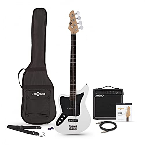 Gear4music Linkshänder E-Bassgitarren-Bausatz mit Verstärker Weiß | Linkshänder-Bass mit Verstärker und Zubehör, PJ-Style-Tonabnehmer mit Lautstärke-/Klangregelung, leichter Lindenholzkorpus