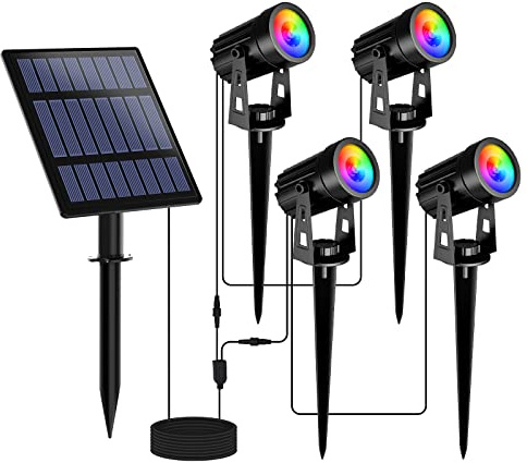 T-SUNUS Solarlampen für Außen RGB, Solarstrahler für außen mehrfarbig, Gartenstrahler Solar mit 6 Farbwechsel, IP65 Wasserdicht Auto ON/OFF für Weg Terrasse Rasen Baum
