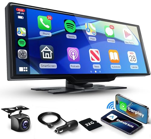 Portable Car Stereo with Wireless Carplay Android Auto, Rimoody 10.26 inch Touchscreen Portable Car Play Screen with Siri Transmission Bluetooth Rear Backup Camera Voice Control TF Card 9V-36V