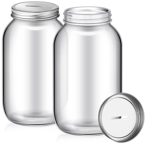 Skylety 2 Pack Large Clear Glass Coin Bank with Slotted Silver Lid - Adults Money Saving Tip Jar for Kids Raffle Ticket Drawing Fund Box