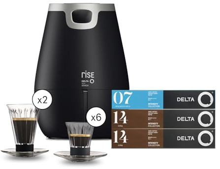 Delta Q - Cafetera de Cápsulas Rise - Negro - 19 Bares de Presión | Sistema de Extracción Inversa - 2 Tazas Grandes y 4 Pequeñas - 20 Cápsulas Intensidad 14 y 10 Cápsulas Descafeinado
