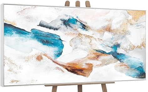 YS-Art Cuadro pintura abstracta hecho a mano Esmeralda Colores blancos y azules saturados con dorado Pintado en acrílico Arte moderno con marco 140x70 cm