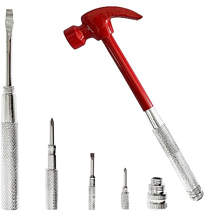 Red 6 in 1 Multitool Mini Hammer & Screwdriver Set - Camping Hand Tools with Metal Hammer Head