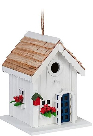 Relaxdays Deko Vogelhaus, Landhausstil, Holz, zum Aufhängen, H x B x T: 23,5 x 18 x 18 cm, Vogelvilla für Garten, weiß